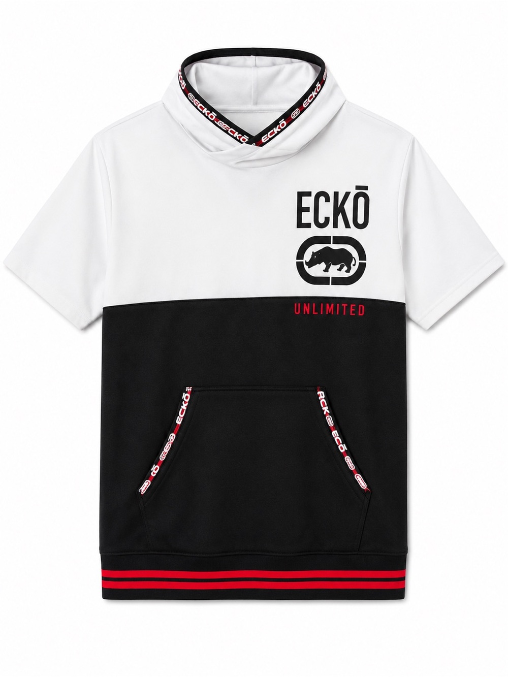 Ecko Unlimited White & Black Short Sleeve Hoodie with Red Trim